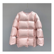 粉色圆领中长款加厚羽绒服女小众2023冬季宽松泡芙外套面包服
