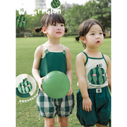 幼悠女童绿色西瓜系列，套装夏季儿童插肩短袖，宝宝休闲宽松裤子