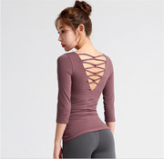 女子瑜伽t恤 含胸垫五分袖紧身速干锦纶透气圆领露背健身运动上衣