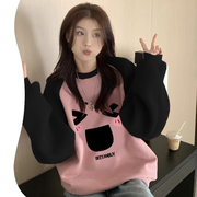 韩版粉色甜美插肩袖卫衣女秋冬季可爱趣味，减龄韩版宽松拼色上衣潮
