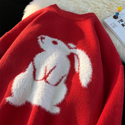 冬季宽松慵懒风款港风北极绒兔年红色圣诞毛衣，针织衫情侣针织毛衣