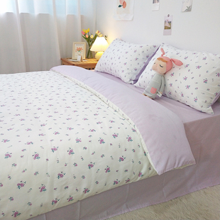 美式紫色小清新碎花，全棉床上四件套纯棉田园，风被套床笠床单三件套