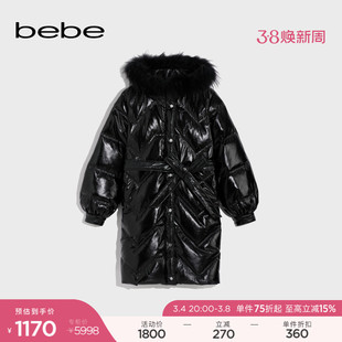 bebe秋冬系列纯色，直筒腰带中长款羽绒服外套403204