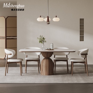 诧寂风岩板餐桌椅组合长方形哑光纯白家用简约北欧白蜡木实木餐台