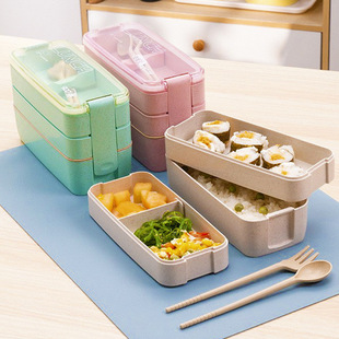 双层饭盒可进微波炉小麦秸秆，带餐具便当盒上班族减脂餐轻食午餐盒