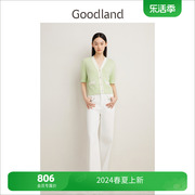 Goodland美地2024夏季浅绿撞色v领短袖针织开衫女短款上衣