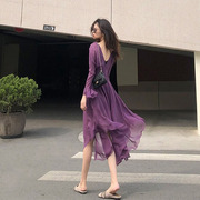 紫色雪纺连衣裙女神，设计感小众夏装，2023高级感轻熟超仙裙子