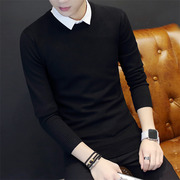 加绒加厚毛衣男冬季2023韩版假两件内搭衬衫，领带领打底针织衫