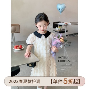 女童夏季米色娃娃领花瓣裙，2023中大童气质，甜美优雅短袖公主裙