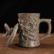 父亲节礼物杯子家用石雕茶具男士水杯浮雕大容量杯摆件麦饭石茶杯