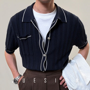 JUESION 短袖开衫男夏季薄款藏青色莱赛尔天丝商务休闲POLO衫半袖