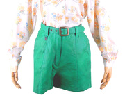 vintage古着绿色羊皮雅痞，日本制中古皮短裤阿美，咔叽春季俏皮街头