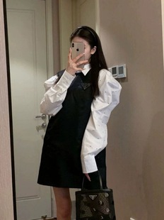 黑色短款背心裙女春秋，韩版学院风高级感翻领衬衫无袖连衣裙两件套