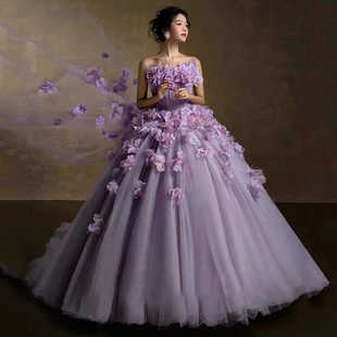 影楼主题抹胸婚纱油画风紫色，拖尾摄影花仙子公主风拍照礼服装