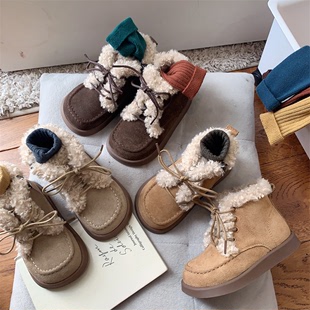 韩版儿童马丁靴冬季女童复古翻毛短棉靴男童加厚加绒保暖皮靴