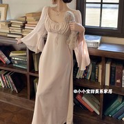 法式复古冰丝春夏睡衣女喇叭，袖仙女公主甜美薄款中长款睡裙家居服