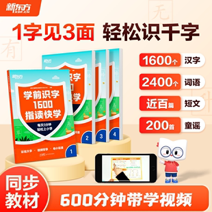 新东方学前识字1600指读快学4-6岁学龄前儿童幼小衔接4本分册+600分钟左右带学视频助力孩子小学语文生字学习