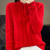复古盘扣100%纯羊绒衫女新年红色立领麻花毛衣长袖宽松羊毛衫上衣