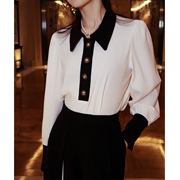 法式黑白拼色衬衫领复古气质OL长袖修身显瘦优雅灯笼袖衬衣上衣