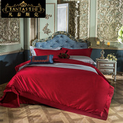 现代简约结婚床上用品纯棉，高档d大红色床单被罩，四件套高端婚