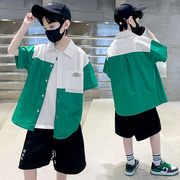 男童夏装短袖衬衫套装2023儿童夏季男孩中大童韩版休闲三件套