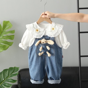 儿童女宝宝背带裤套装，0一1岁纯棉衬衫，2婴幼儿衣服3小孩二件套春季