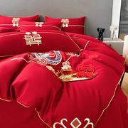 中式婚庆全棉床单四件套，纯棉红色被套，被单被罩六件套床笠床上