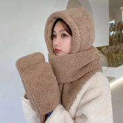 亲子款 韩版冬季女士围脖可爱双层加厚保暖毛绒围巾帽子手套一体