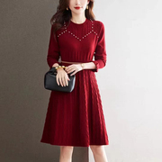 法式秋冬毛衣裙气质优雅钉珠小个子女生红色礼服裙A子裙百搭
