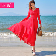巴厘岛泰国沙滩裙红色，长袖连衣裙夏超仙显瘦海边度假小个子长裙子