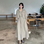 韩国东大门时尚简约纯色口袋风衣短外套+无袖A字背心连衣裙两件套