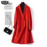 双面羊绒大衣女，中长款西装领红色妮子春秋，高端气质羊毛呢外套