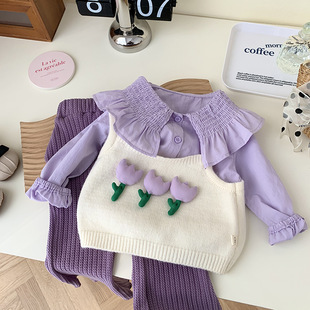 女童春装时髦清新紫色针织吊带衬衫套装0-5岁儿童花朵上衣喇叭裤
