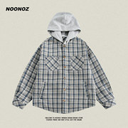 NOONOZ日系复古假两件格子连帽衬衫男潮流设计感情侣学生衬衣外套