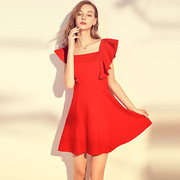红色连衣裙女2023法式复古赫本收腰显瘦短款成熟风小红裙春夏