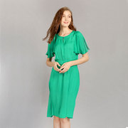 夏季大码女装轻薄荷叶边喇叭短袖收腰a字包臀绿色连衣裙子长