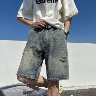 夏季蓝色牛仔短裤男纯棉修身户外潮流学生休闲五分裤大码嘻哈
