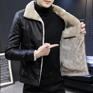 真皮皮衣男冬季修身韩版加绒加厚帅气短款机车男士羊羔毛夹克外套