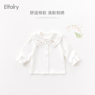 elfairy女童打底衫儿童衬衫法式娃娃，领上衣婴儿，纯棉t恤女宝宝衬衣