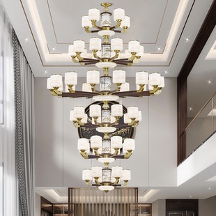 新中式全铜实木高端复式楼别墅客厅大吊灯跃层楼梯中空自建房灯具