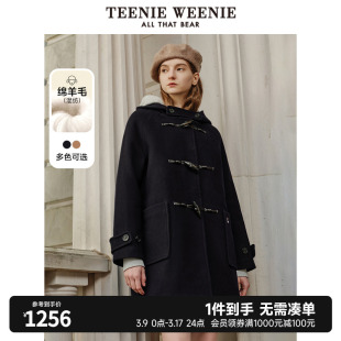 teenieweenie小熊冬季英伦风中长款牛角扣绵羊毛，呢大衣外套女