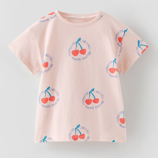 女童粉红色短袖t恤宝宝纯棉夏装，儿童樱桃上衣小童婴儿半袖打底衫4