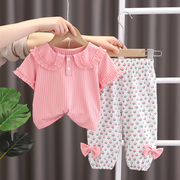 女童套装夏季短袖2024夏装，洋气时髦薄款儿童网红宝宝纯棉衣服