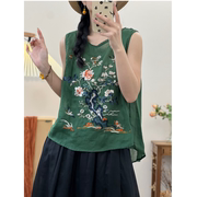 夏季绿色苎麻吊带背心女新中式重工刺绣无袖小衫圆领套头宽松T恤