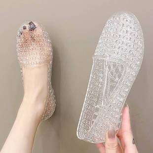 中老年妈妈镂空女士塑料透明水晶洞洞鞋果冻包头凉鞋女款时尚女式
