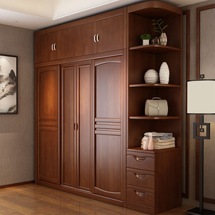 中式复古实木衣柜原木整体，组合推拉门柜子卧室，家用四门橡木大衣橱