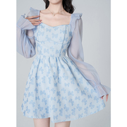 蓝色雪纺高腰度假连衣裙春季初恋甜美公主裙，荷叶边提花气质裙子