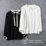 日本2023秋女士白色飘带立领，百搭通勤衬衫外贸，原单优雅长袖雪纺衫