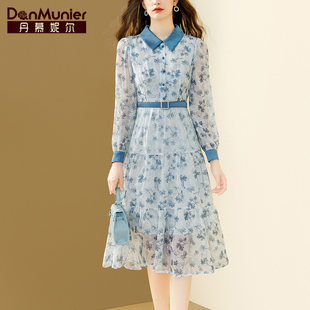 丹慕妮尔法式优雅网纱刺绣连衣裙秋女装长袖气质收腰裙子
