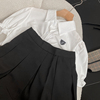 白色翻领短袖皱褶雪纺衬衫黑色，a字半身裙套装时尚，休闲洋气g$10